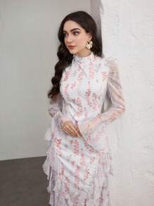 Graceveil Damen Extra Langes Kleid mit Blumen Muster, gerüschtem Saum und Bindegürtel, Modest Elegant