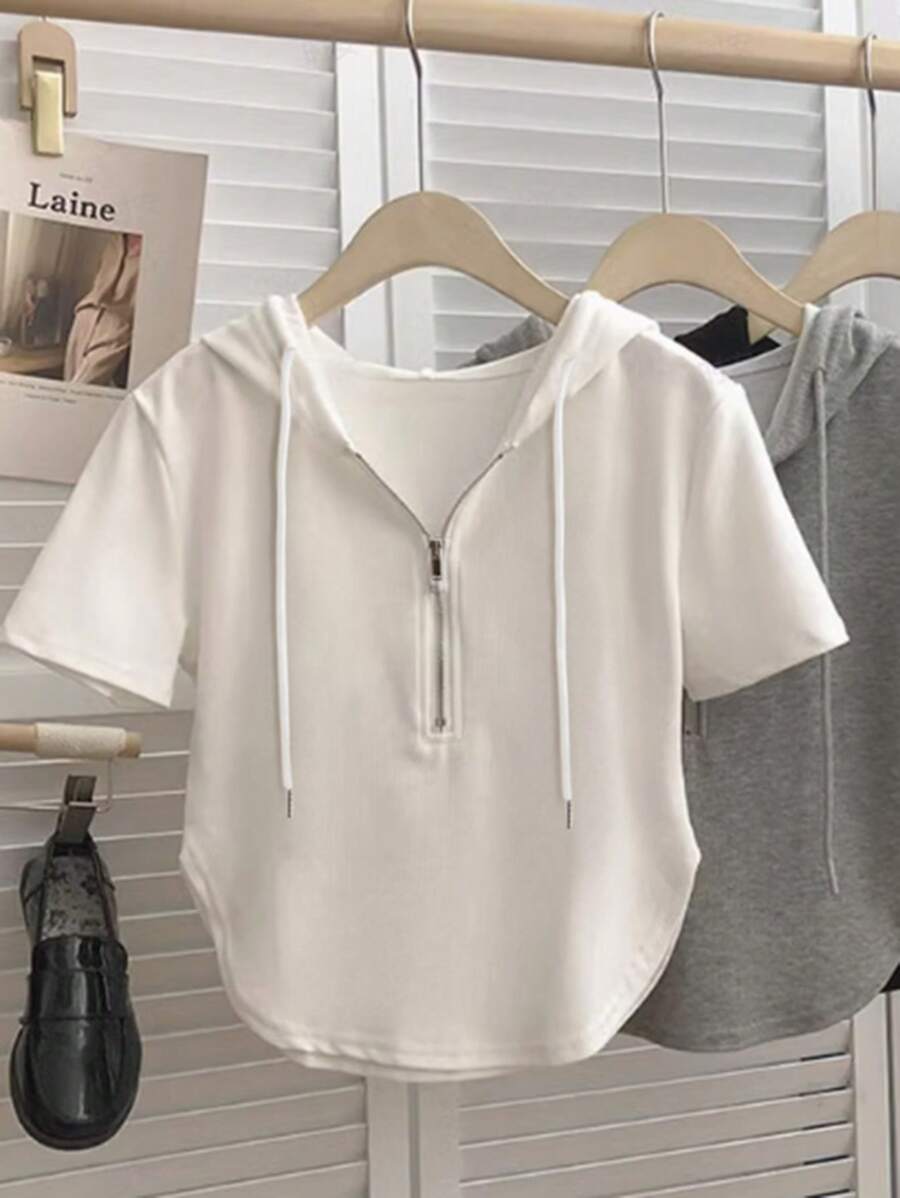 SHEIN Unity Women Casual Asymmetrical Drawstring Zip-Up Short Sleeve Hooded Sweatshirt, Spring/Summer,Graduation,Teacher,Back To School Pullover Fall - White - View 1