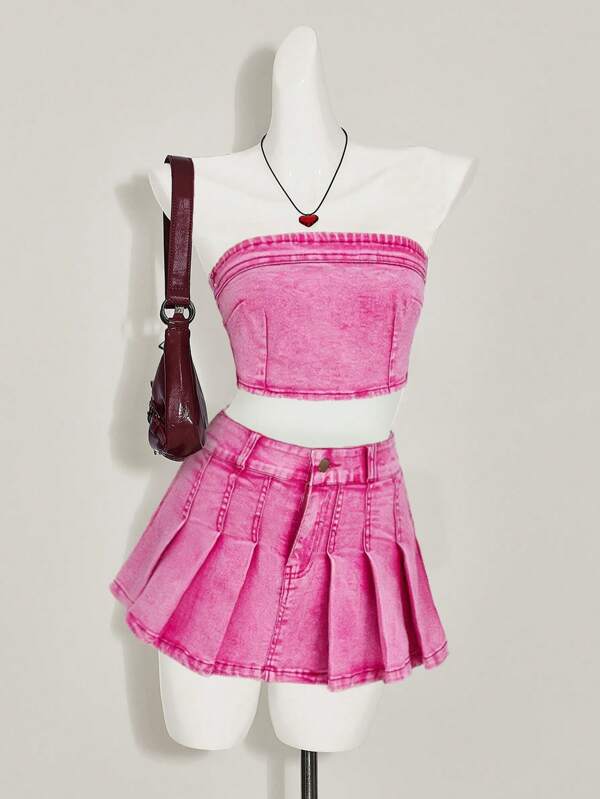 SHEIN Conjunto de falda vaquera con pliegues prensados y Top sin tirantes estilo Y2K para niñas preadolescentes, ropa de primavera y verano, conjunto de dos piezas de streetwear