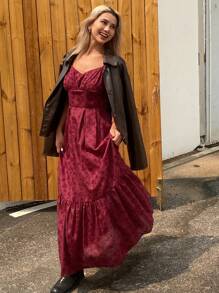 DAZY Đầm maxi nữ màu đỏ khoét cổ vuông, thắt eo, dáng lửng, có bèo nhún. - Màu Đỏ Sâu - Xem 7