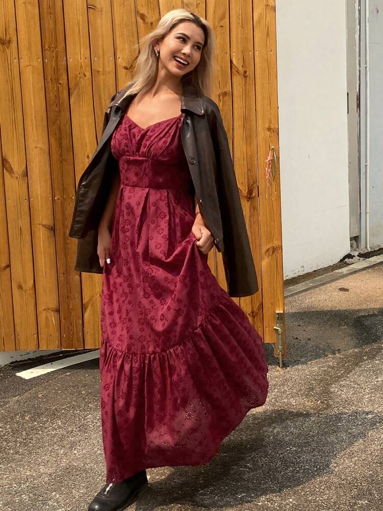 Women Hollow Out Square Neck Waist-Cinched Mid-Length Dress,Ruffle Red Women Dresses Maxi Dress