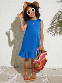SHEIN Leap Crew Young Girl Casual Fashionable Woven Solid Color Round Neck Sleeveless Dress - Blue - View 5