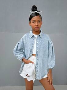 SHEIN Einfarbige Jeansjacke mit langen Ärmeln für Tween-Mädchen, modisch für Frühling und Herbst