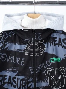 SHEIN Chaqueta con capucha forrada térmica con texto en inglés y estampado de oso para adolescentes varones, apta para otoño, invierno, para mantener el calor, para la escuela, el hogar, casual, el gimnasio, fiestas de cumpleaños, salidas, todo tipo de uso y diseño simple.
