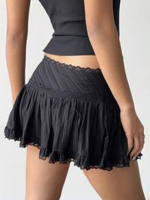 Aloruh Women's Solid Color Lace Patchwork Side Zipper Casual Summer Skirt - Black - View 2