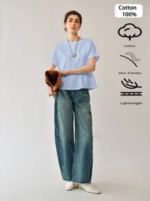 Uhlyne Áo thun nữ cổ tròn tay ngắn màu trơn rộng rãi - Màu xanh lam - Xem 3