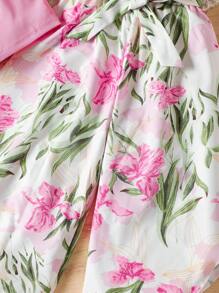 SHEIN 2pcs Young Girl Set: Solid Color Asymmetric Neck Vest And Floral Print Pants, School, Campus, College