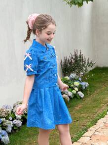 Zestaw dla dziewczynki w kolorze niebieskim, koszula i spódnica plisowana, elegancki strój biurowy z ozdobnym rękawem motylkowym - Niebieski - Zobacz 3