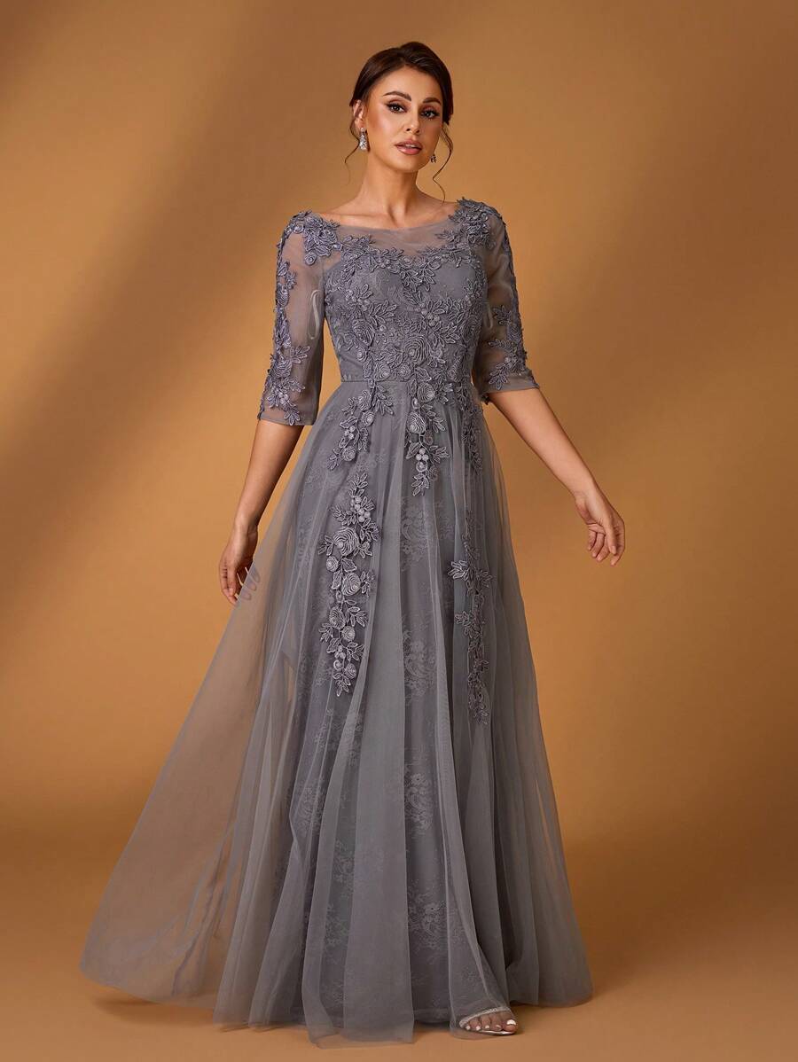 Serin Summer Romantic And Elegant Gray Lace Splicing Mesh Luxury Applique Embroidery Design Round Neck Three-Quarter Sleeves A-Line Hem Suitable For Dinner Date Dance Bachelorette Party Holiday Music Festival Wedding Event Bride Mother Dress
