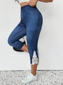 SHEIN Frenchy Pantaloni skinny effetto denim stampato, con dettagli in pizzo a contrasto, taglie forti