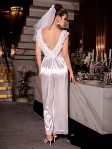 SHEIN Lace Patchwork Faux Silk Sexy 2-Layer Collar Jumpsuit Pajamas - White - View 2