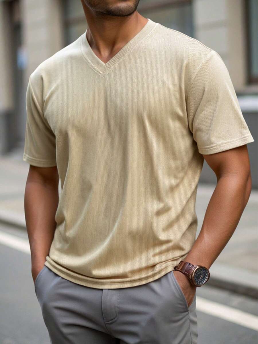 Manfinity Homme Plus Size Men's Solid Color Round Neck Short Sleeve T-Shirt, Fashionable For Summer - Apricot - View 1