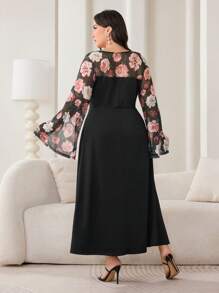 Modelyn Plus Size Elegant Floral Print Patchwork Dress - Multicolor - View 2