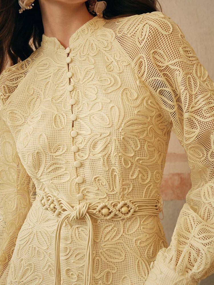 Women's Spring Elegant French Style Lace Long Sleeve Cinched Waist Vintage Dress With Waist Belt, Suitable For Vacation, Holiday, Elegant, Beach