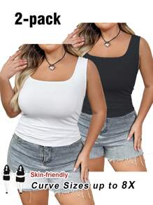 SHEIN CURVE+ 加大码百搭休闲简约黑白两件套背心多件套适合夏季穿着、曲线加分、波西米亚度假 - 黑與白 - 查看 1