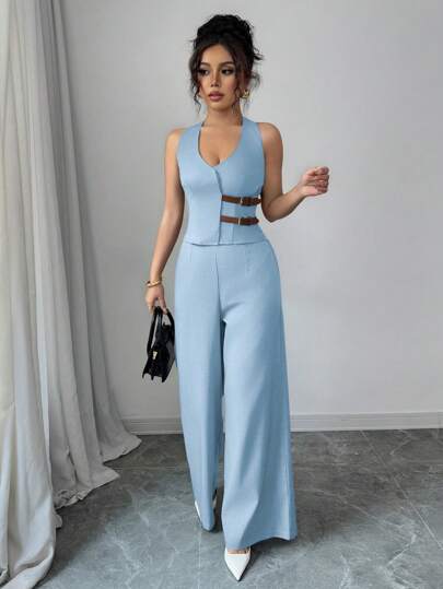 Elenzga 女士优雅独特商务休闲无袖 V 领皮革扣腰系带背心和直腿裤套装，纯色，适合约会、工作