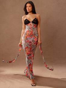 Hauture 花卉动物印花褶饰后背荷叶边胸围饰带细节长连衣裙 - 彩色 - 查看 2