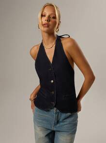SHEIN Forever 21 Spring New Halter Sleeveless Backless Washed Denim Tie Strap Denim Top For Women - Black - View 6