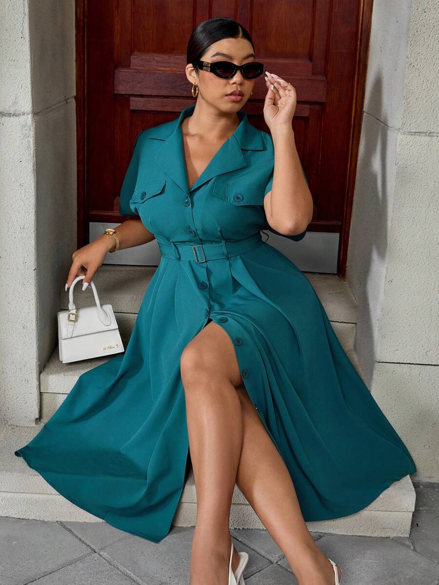 Calvaya Summer Fashion Elegant Cinched Waist Waist Business Office Dress With Lapel Women Dresses Elegant Gown Women Dresses Birthday Women Birthday Outfit Woman S Summer Clothes Work Summer Dresses - Green - View 1