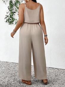 SHEIN Frenchy Plus Size Apricot Woven Fabric Jumpsuit: Casual, Sleeveless, Spaghetti Strap, Long, Knot Detail - Apricot - View 2