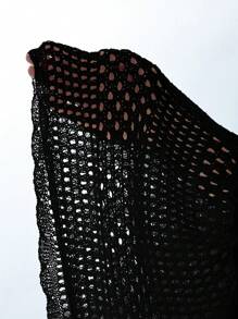 Swim Lushoire Wave Hem Short Beach Sarong Skirt With Geometric Perforated Floral Pattern For Summer Beach Vacation - Black - View 6