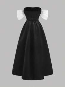 Girlism Teen Girls Black & White Color Block Off Shoulder Pearls Embellished Dress,Wedding,Suitable For Dates, Parties, Festivals, Banquets, Brunch Outfits, Birthday Occasions,New Years,Homecoming, Prom - Black and White - View 2