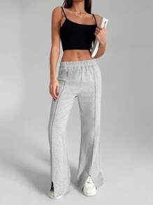 SHEIN Women Solid Color Embroidery Detailed Sweatpants Women Pants Wide Leg Women S Clothes Women S Outfit Wide Leg Jeans Woman Women Work Outfits - Grey - View 5