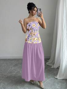 SHEIN Clasi 女士花卉印花抹胸连衣裙 女式长款套装 - 彩色 - 查看 6