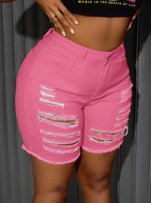 SHEIN SXY Plus Size Women Stretch Ripped Denim Pink Shorts Summer Outfits For Women Festival Outfits  Biker Shorts - Pink - View 5