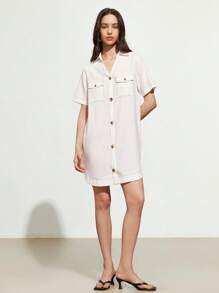 SHEIN Unity 女式牛仔效果缝线短袖迷你连衣裙 - 白色 - 查看 5