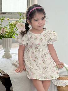 LMoss Kids Baby Girl Woven Ditsy Floral Round Neck Puff Sleeves Hollow Back Fitted Dress - Multicolor - View 6