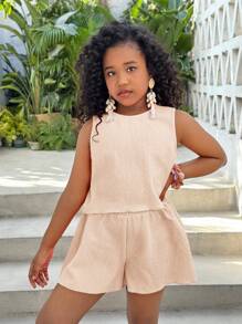 SHEIN Tween Girls Solid Color Textured Tank Top & Shorts 2 Pieces Set, Suitable For Summer, Beach, Vacation - Apricot - View 4