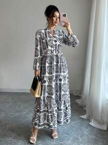 Rafferiza 女士度假休闲全印花喇叭袖连衣裙 - 黑與白 - 查看 3