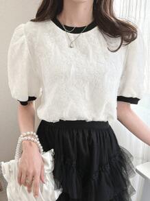 FRIFUL Áo cánh chắp vá màu tương phản cổ tròn tay bồng rộng rãi cho nữ - trắng - Xem 1