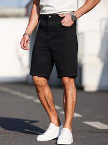 Manfinity Homme Pantalones cortos vaqueros casuales versátiles lisos para hombres de tallas grandes