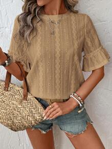 SHEIN LUNE White Crew Neck Knit Texture Women T-Shirt With Ruffle Sleeves, Casual & Versatile - Khaki - View 5