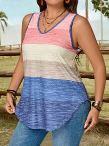 EMERY ROSE Plus Size Women Colorblock V-Neck Casual Loose Tunic Top - Multicolor - View 4