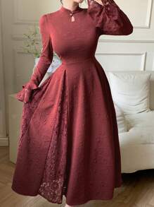 DAZY Fall New Elegant Textured Mid-Long Dress, Suitable For Music Festivals - Burgundy - View 2