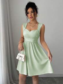 Selianne 休闲优雅度假风格心形领交叉带大蝴蝶结褶皱无袖女式迷你连衣裙 - 綠色 - 查看 1