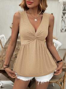 SHEIN LUNE 女式休闲前扭褶皱 V 领无袖背心，夏季 - 杏色 - 查看 4