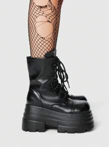 ROMWE Grunge Punk Women's Multi-Layer Platform Round Toe Dark Punk PU Black Mid-Calf Boots, Casual Street Punk Campus Style Spring Shoes For Christmas