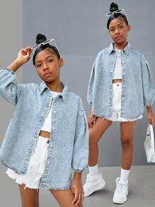 SHEIN Einfarbige Jeansjacke mit langen Ärmeln für Tween-Mädchen, modisch für Frühling und Herbst