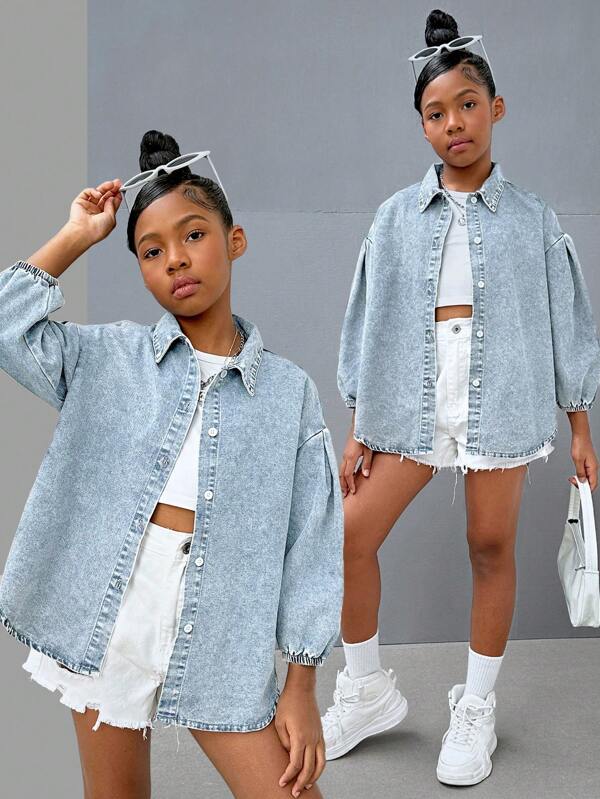 SHEIN Einfarbige Jeansjacke mit langen Ärmeln für Tween-Mädchen, modisch für Frühling und Herbst