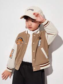 SHEIN Chaqueta Polar Con Bloques De Color Y Estampado De Letras Para Niño Pequeño