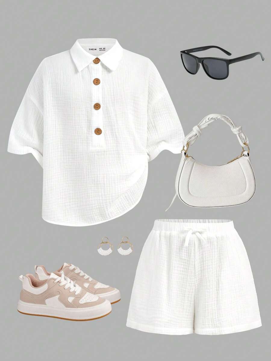 Conjunto de Camisa e Shorts Casual com Decote Esporte Manga Curta e Botões para Meninas Pré-Adolescentes - Branco - Visão 1