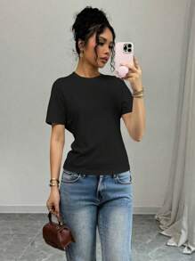 SHEIN PETITE Camiseta casual y versátil para mujer de cuello redondo y manga corta de unicolor