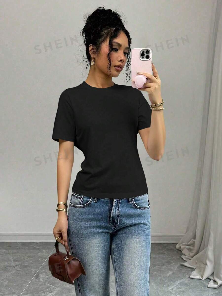 SHEIN PETITE Camiseta casual y versátil para mujer de cuello redondo y manga corta de unicolor