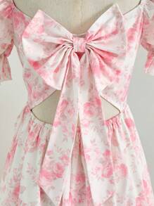 SHEIN Adolescent fete cu mâneci bufante în talie înclinată în formă de A, fără spate, cu decor cu fundă, rochie de vacanță ocazională cu imprimeu floral, primăvară și vară