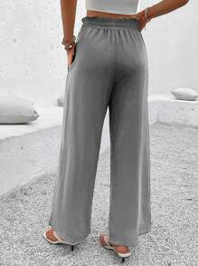 SHEIN LUNE Women's Solid Color Flared Wide Leg Casual Trousers With Waist Pocket - Grey - View 2