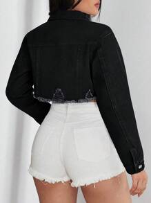 SHEIN EZwear Lässige Washed Denim Jacke mit rohem Saum und Crop-Schnitt - Schwarz - Übersicht 2
